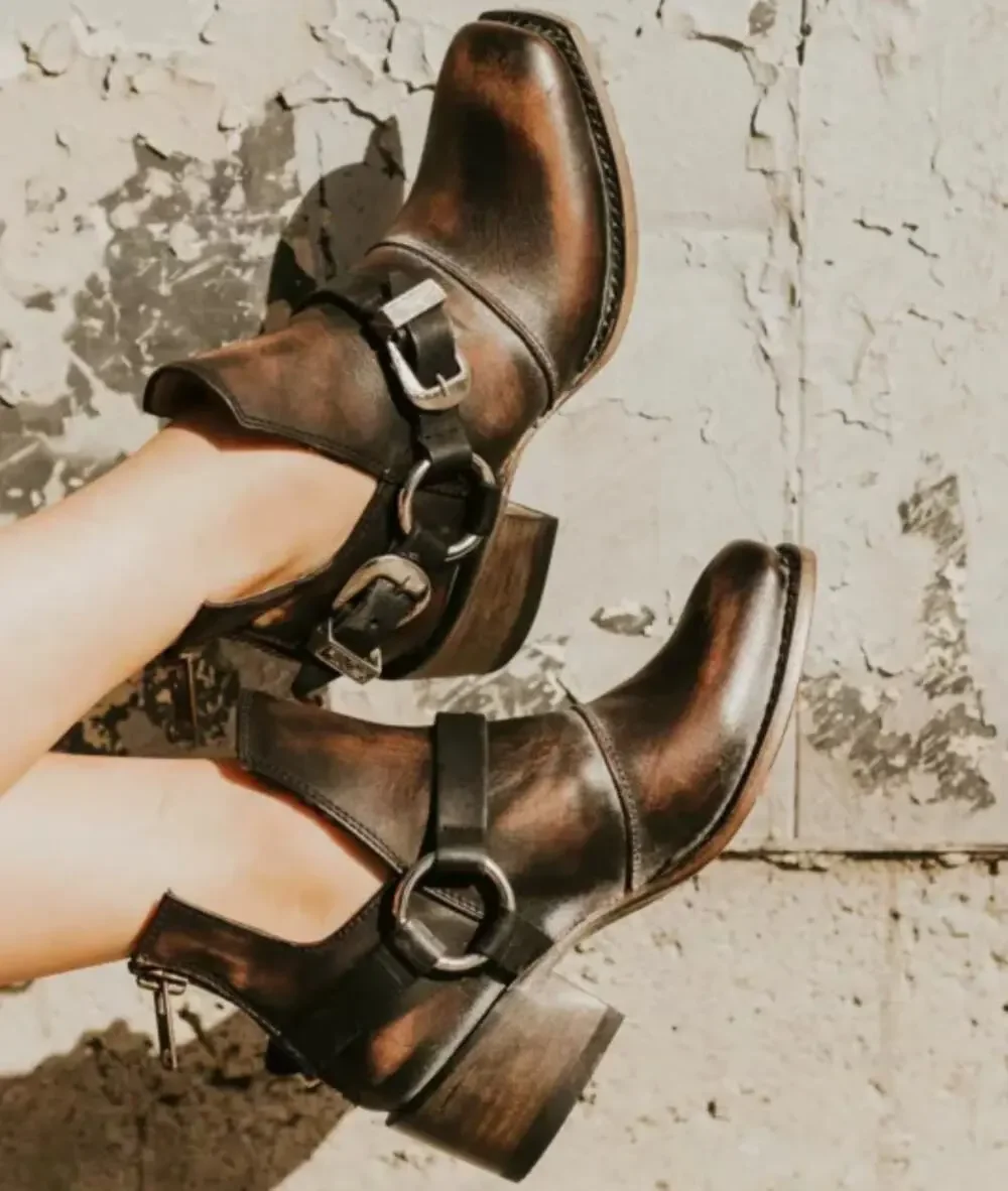 Freebird Truce brown Leather Buckle Distressed Booties